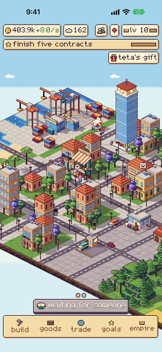 The game on an iPhone: a busy pixel city with hummus shops and a tower
