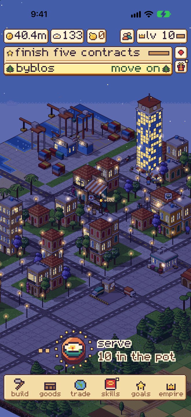 The city at night: a busy pixel hummus empire with lit windows and a tower